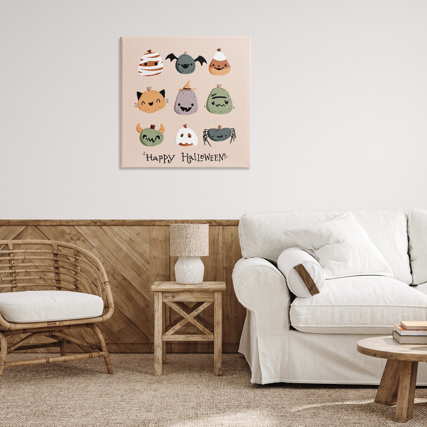Cute Halloween Costume Pumpkins Canvas Wall Art in Room, Home Decor by Sarah Hickman