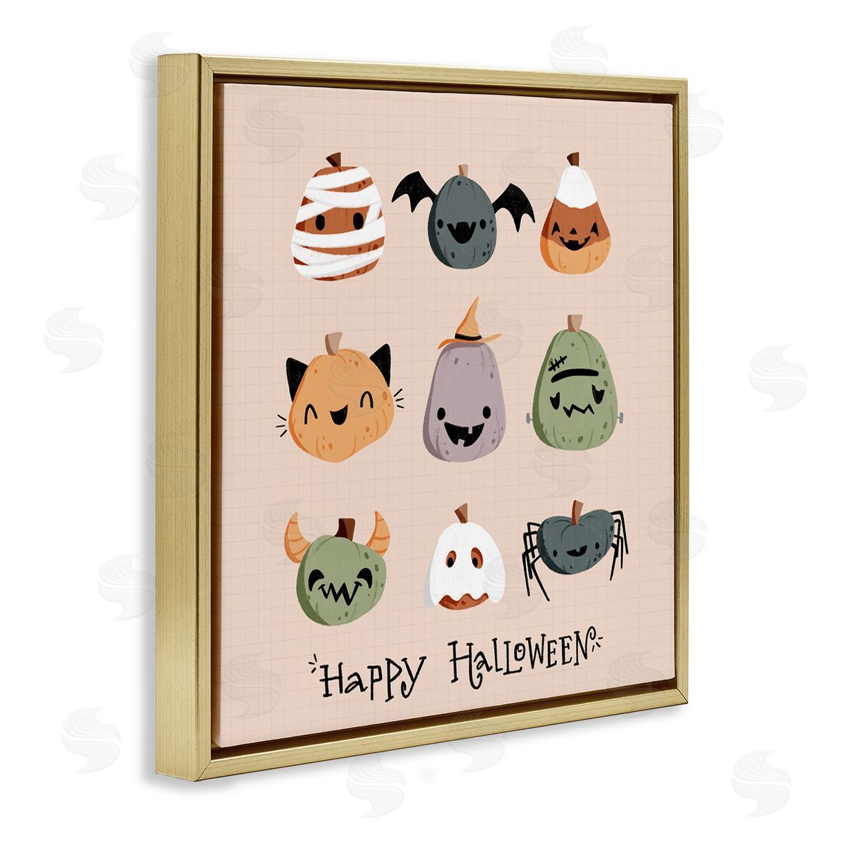 Cute Halloween Costume Pumpkins Gold Floating Frame Canvas Wall Art, Home Decor by Sarah Hickman