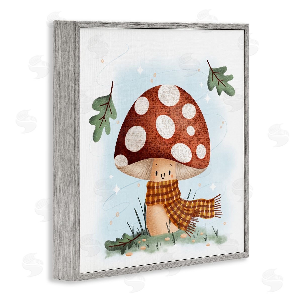 Happy Mushroom in Scarf Grey Frame Print Wall Art, Home Decor by Sarah Hickman