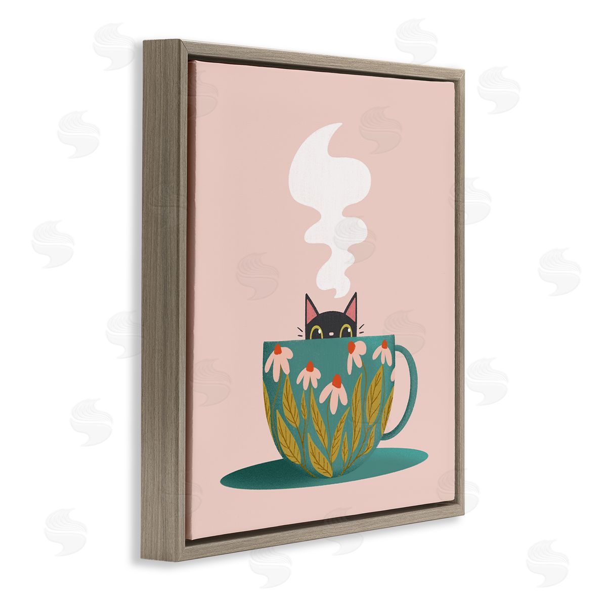 Cat Peeking Over Teacup Brown Floating Frame Canvas Wall Art, Home Decor by Sarah Hickman