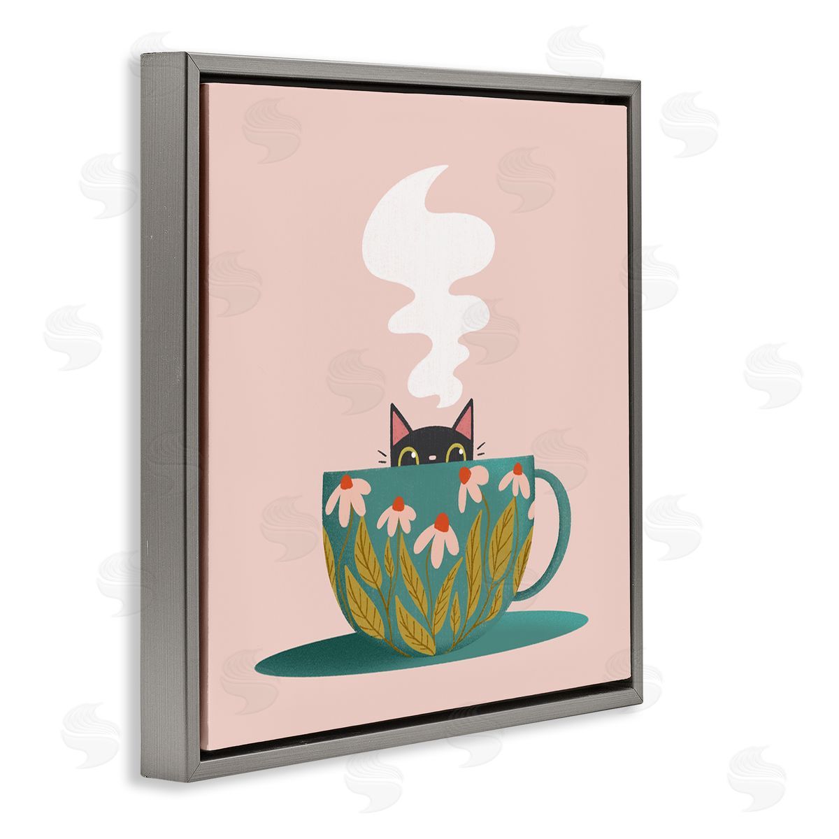 Cat Peeking Over Teacup Grey Floating Frame Canvas Wall Art, Home Decor by Sarah Hickman
