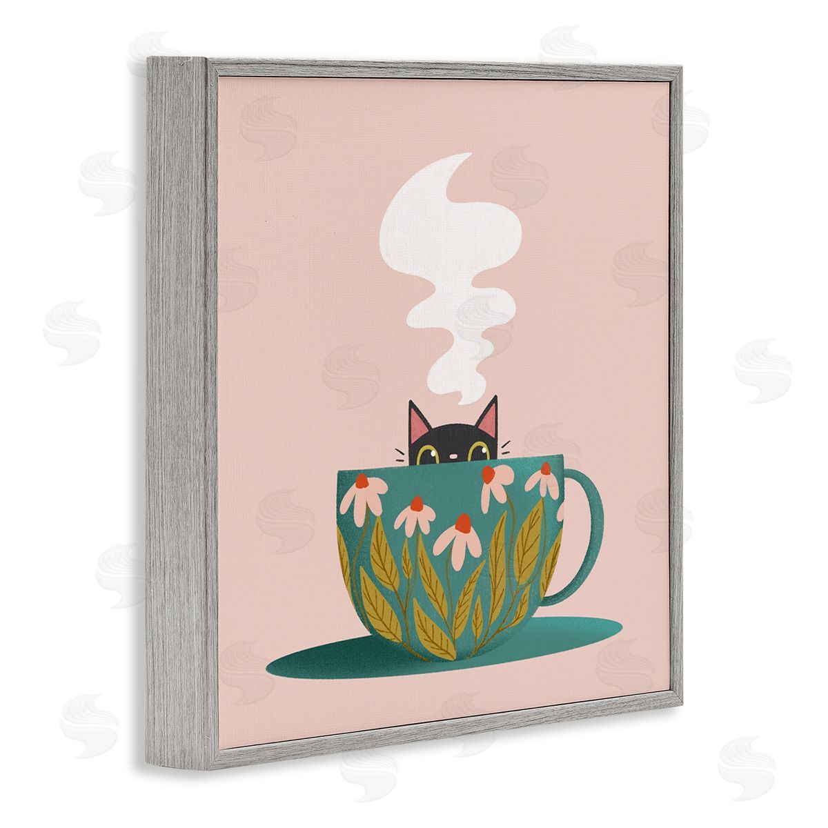 Cat Peeking Over Teacup Grey Frame Print Wall Art, Home Decor by Sarah Hickman