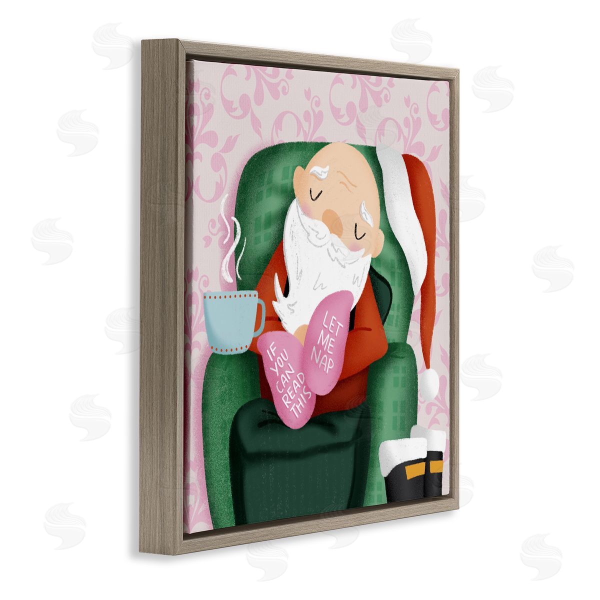 Cozy Sleeping Santa Claus Brown Floating Frame Canvas Wall Art, Home Decor by Sarah Hickman