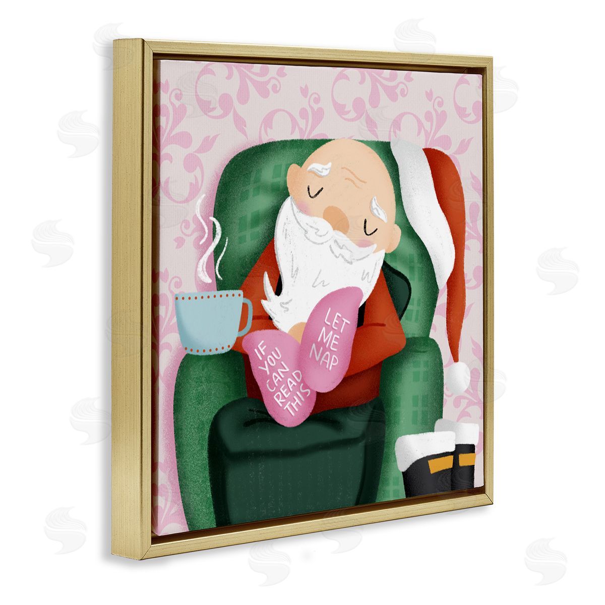 Cozy Sleeping Santa Claus Gold Floating Frame Canvas Wall Art, Home Decor by Sarah Hickman