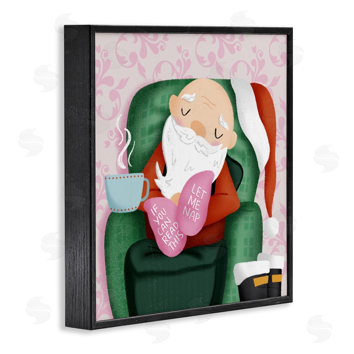 Cozy Sleeping Santa Claus Black Frame Print Wall Art, Home Decor by Sarah Hickman