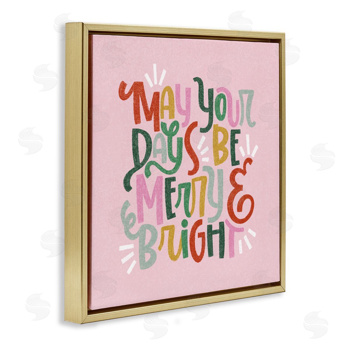 Pastel Merry & Bright Phrase Gold Floating Frame Canvas Wall Art, Home Decor by Sarah Hickman