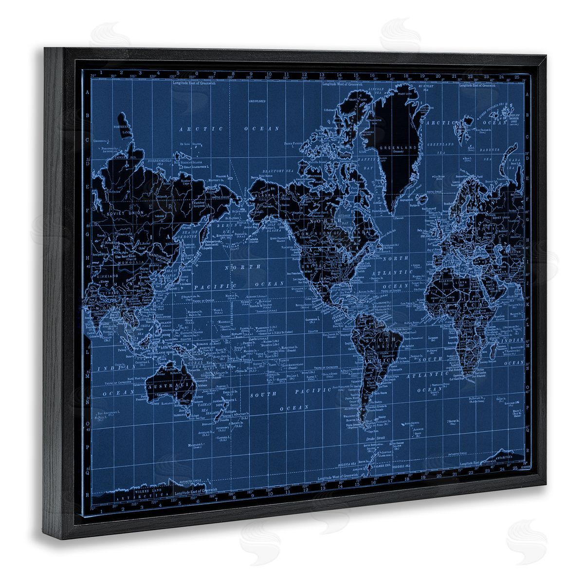 Blue Toned World Map Black Floating Frame Canvas Wall Art, Home Decor by Phillipa Katz