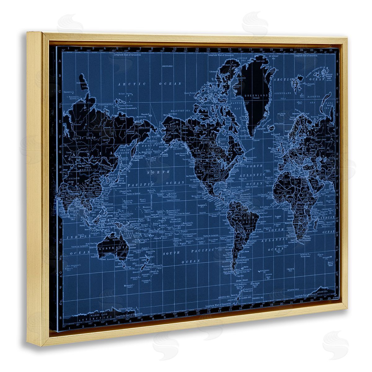 Blue Toned World Map Gold Floating Frame Canvas Wall Art, Home Decor by Phillipa Katz