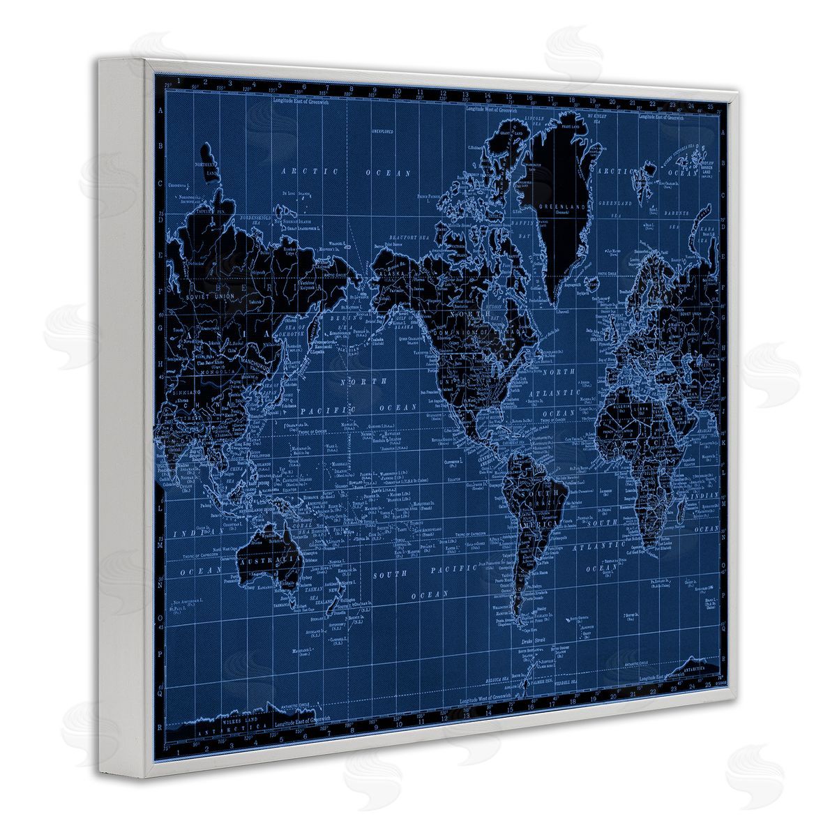 Blue Toned World Map White Frame Print Wall Art, Home Decor by Phillipa Katz