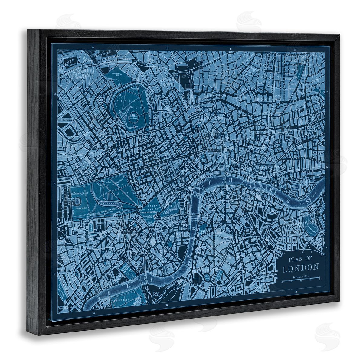 Blue Detailed London Map Black Floating Frame Canvas Wall Art, Home Decor by Phillipa Katz