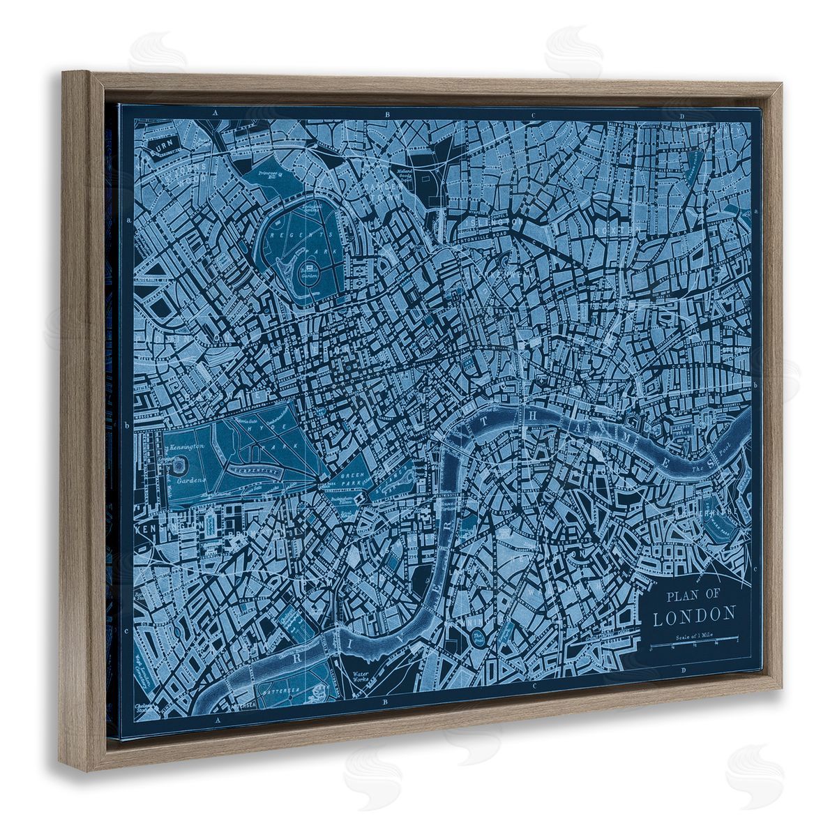Blue Detailed London Map Brown Floating Frame Canvas Wall Art, Home Decor by Phillipa Katz