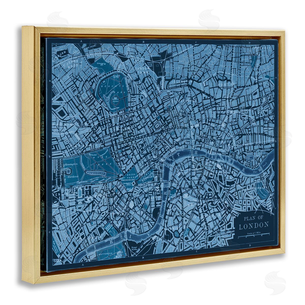 Blue Detailed London Map Gold Floating Frame Canvas Wall Art, Home Decor by Phillipa Katz
