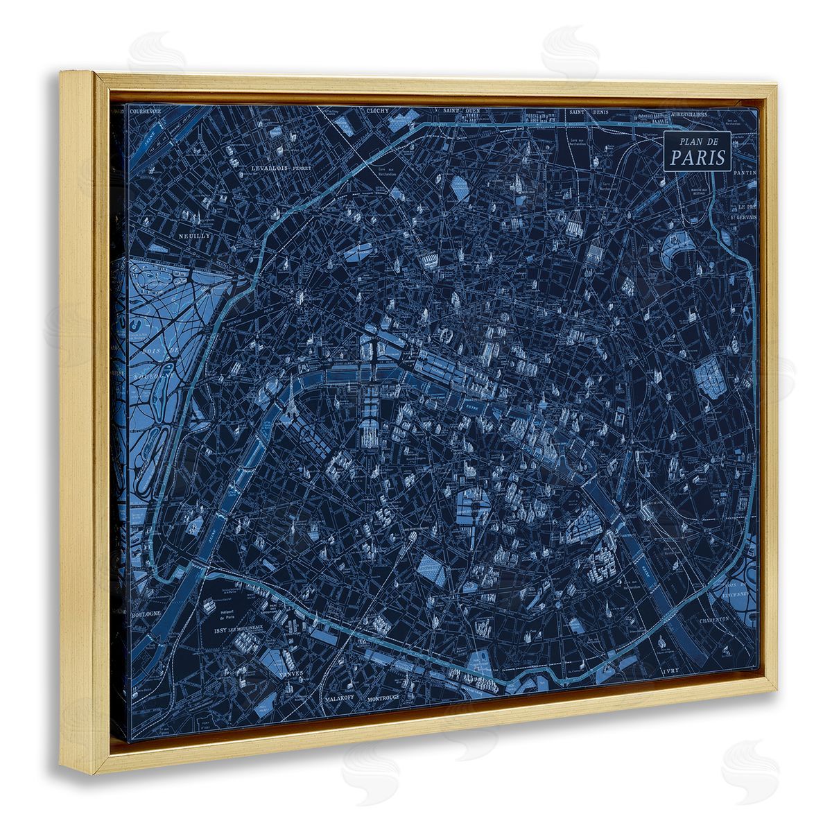 Blue Detailed Paris Map Gold Floating Frame Canvas Wall Art, Home Decor by Phillipa Katz