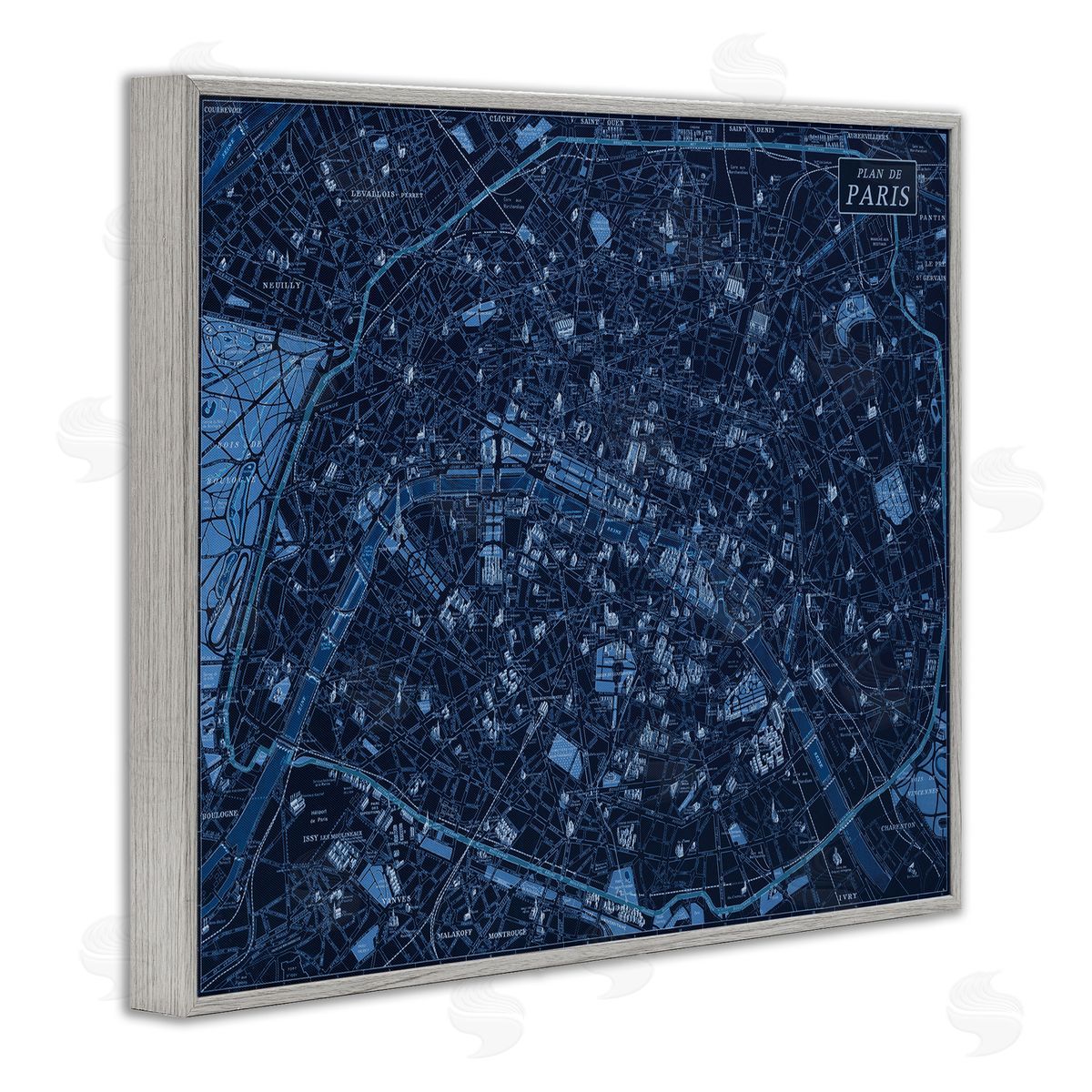 Blue Detailed Paris Map Grey Frame Print Wall Art, Home Decor by Phillipa Katz
