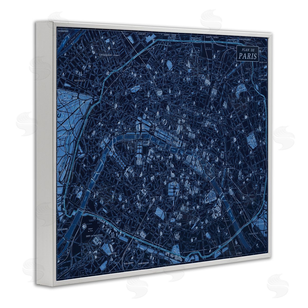 Blue Detailed Paris Map White Frame Print Wall Art, Home Decor by Phillipa Katz