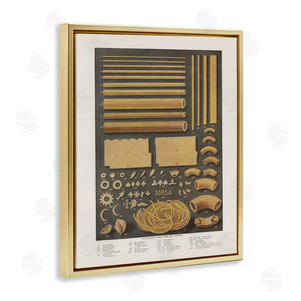 Various Pasta Shapes Vintage Gold Floating Frame Canvas Wall Art, Home Decor by Phillipa Katz
