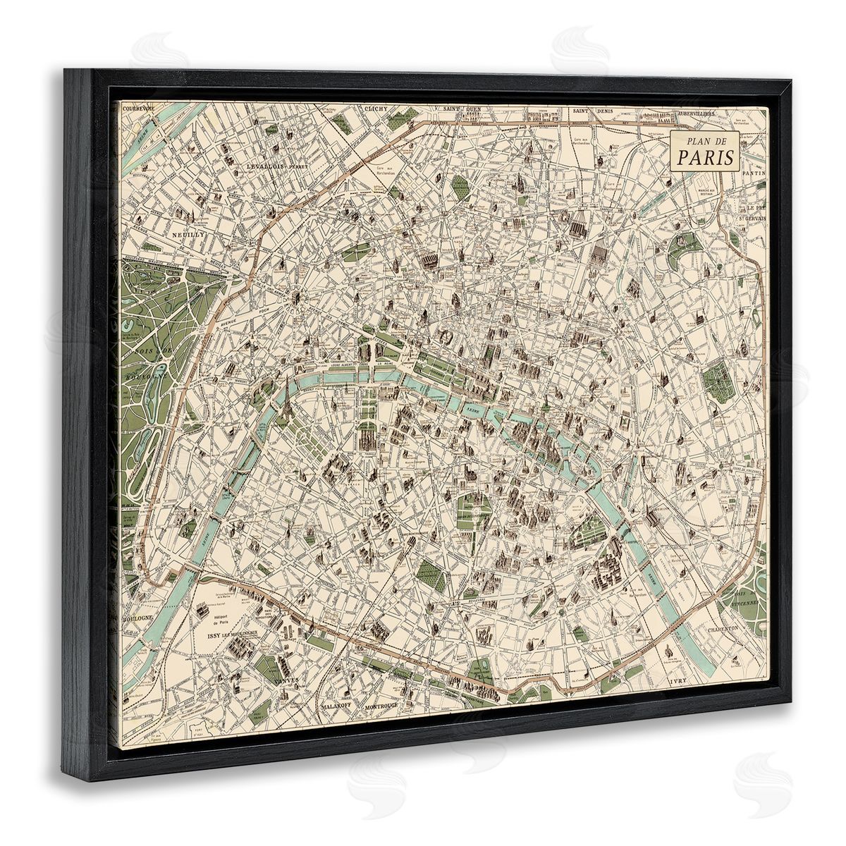 Vintage Map of Paris Black Floating Frame Canvas Wall Art, Home Decor by Phillipa Katz