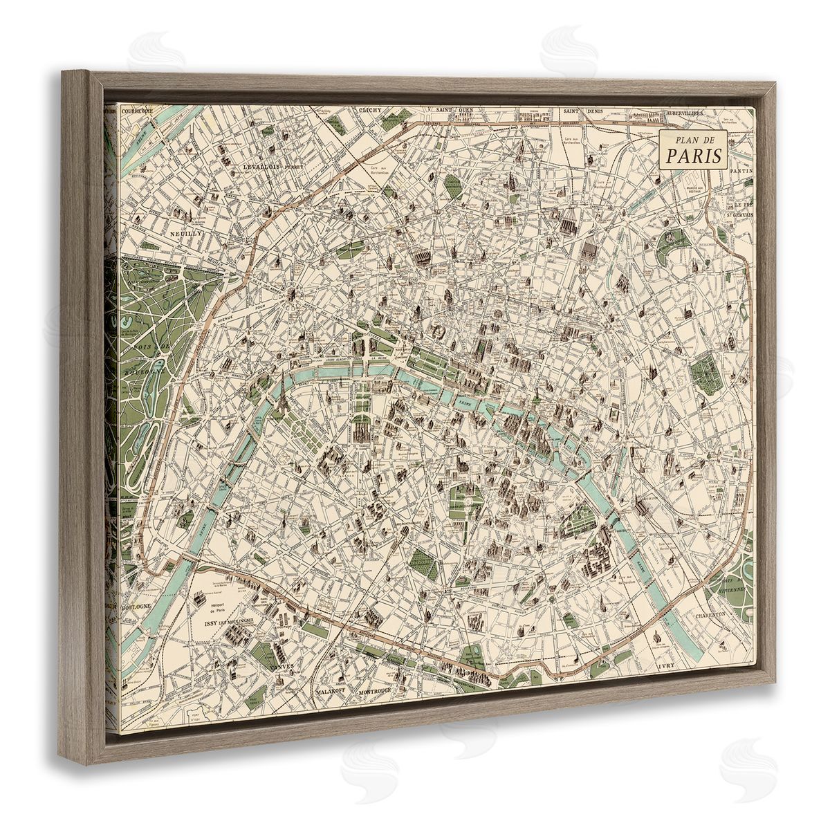 Vintage Map of Paris Brown Floating Frame Canvas Wall Art, Home Decor by Phillipa Katz