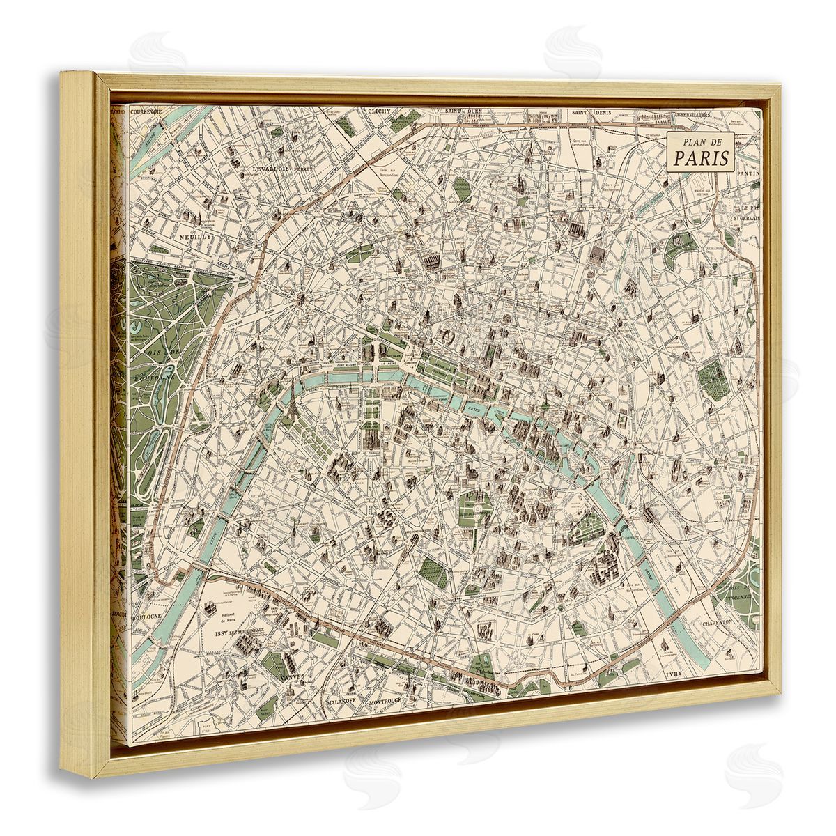 Vintage Map of Paris Gold Floating Frame Canvas Wall Art, Home Decor by Phillipa Katz