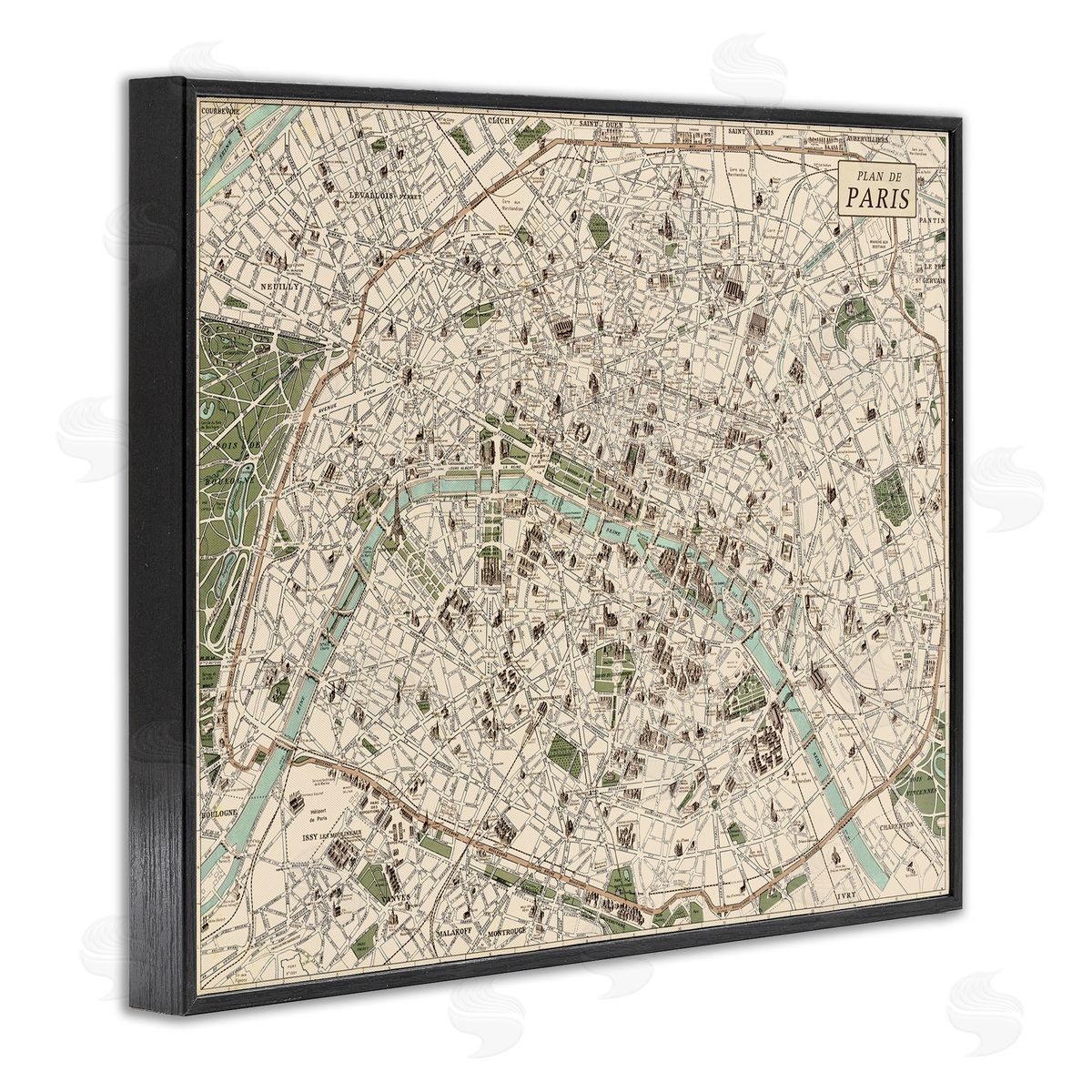 Vintage Map of Paris Black Frame Print Wall Art, Home Decor by Phillipa Katz