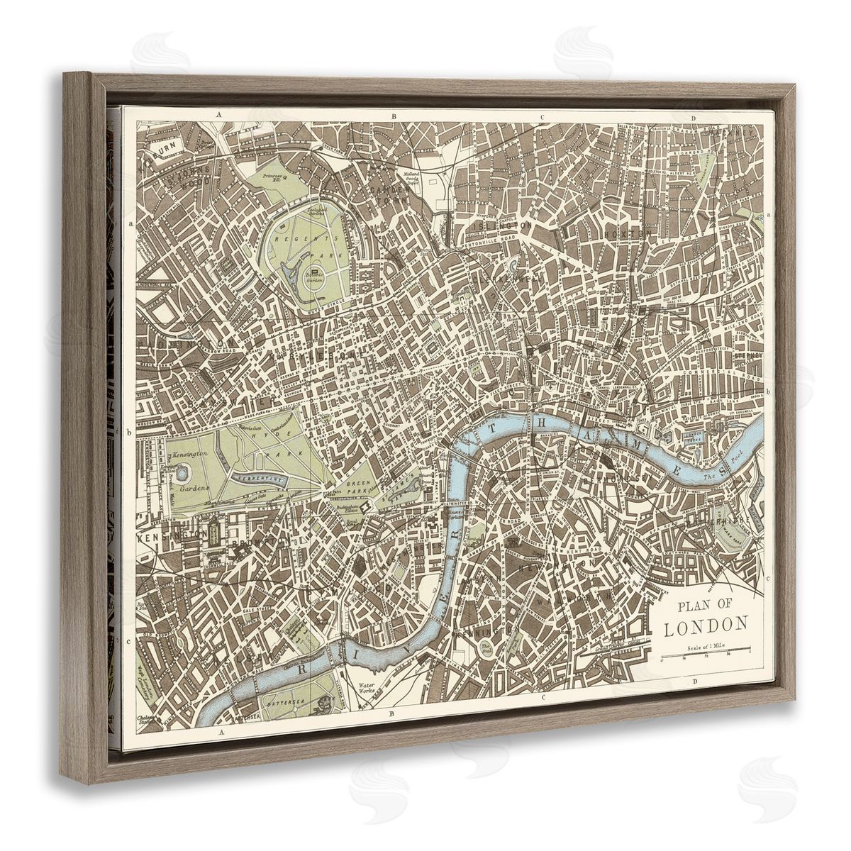 Vintage Blueprint Plant of London Brown Floating Frame Canvas Wall Art, Home Decor by Phillipa Katz