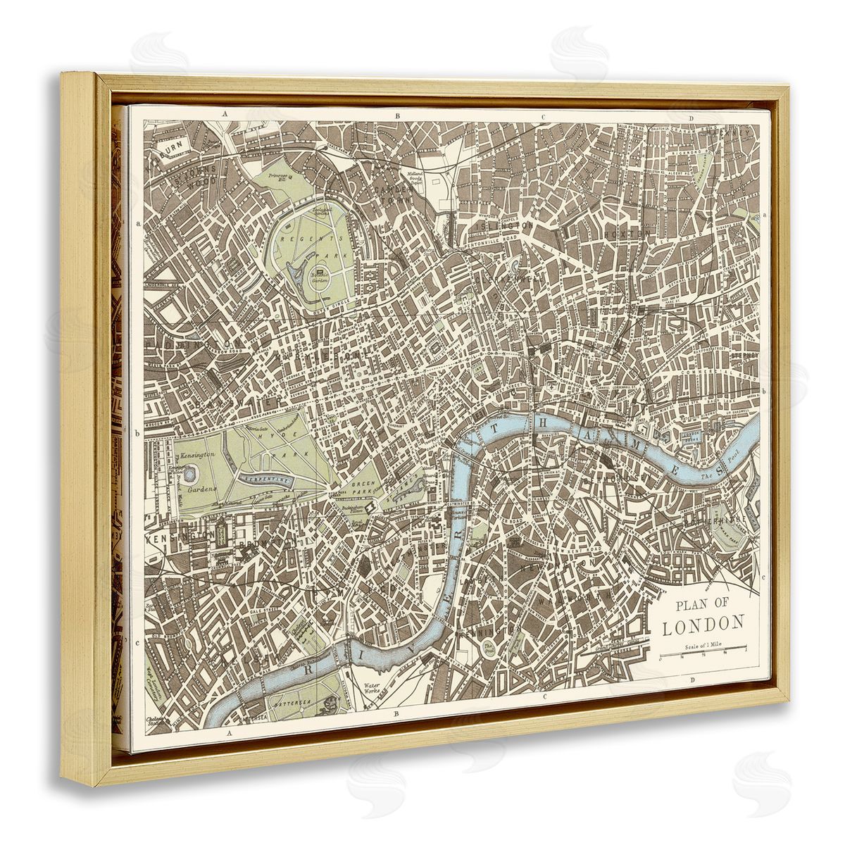 Vintage Blueprint Plant of London Gold Floating Frame Canvas Wall Art, Home Decor by Phillipa Katz