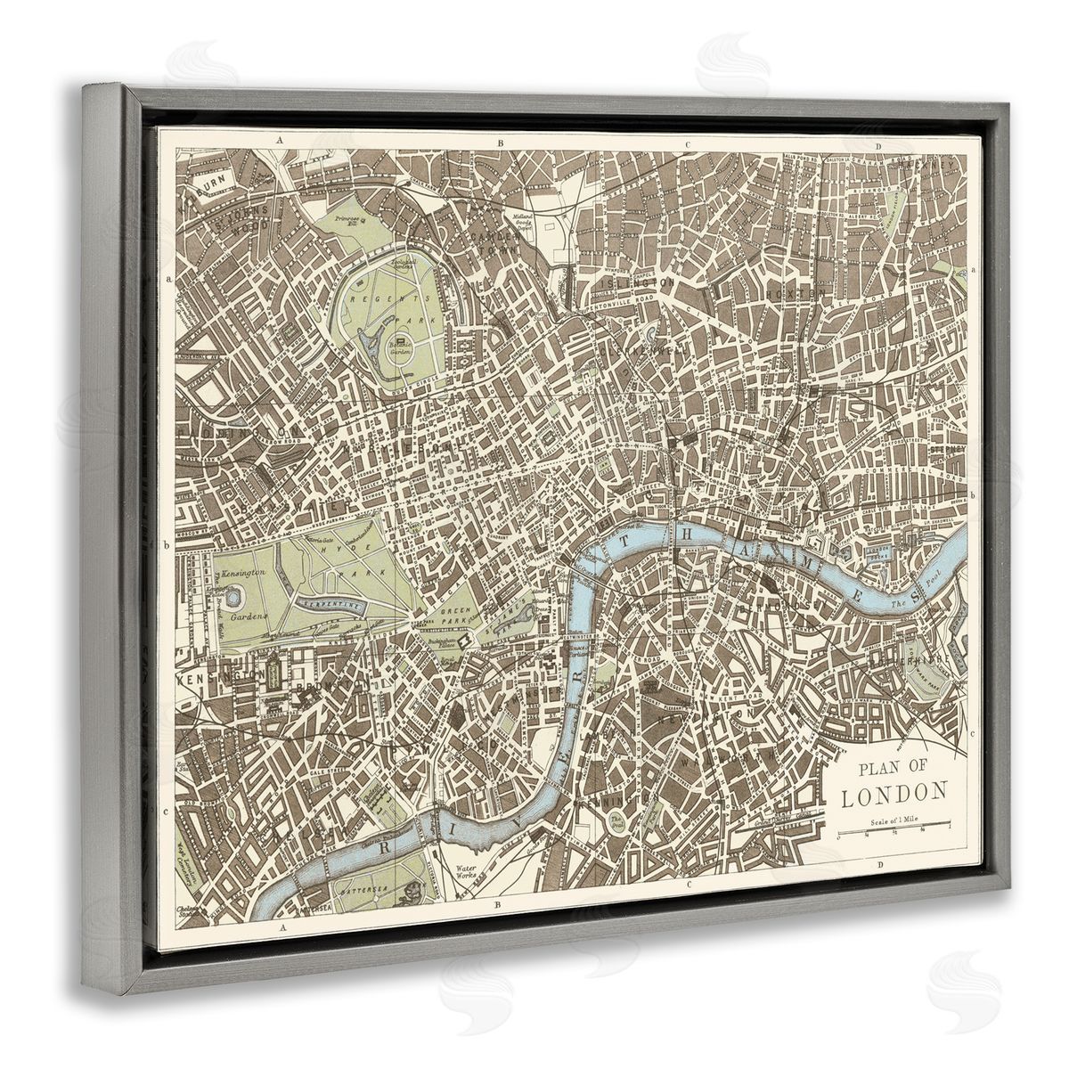 Vintage Blueprint Plant of London Grey Floating Frame Canvas Wall Art, Home Decor by Phillipa Katz