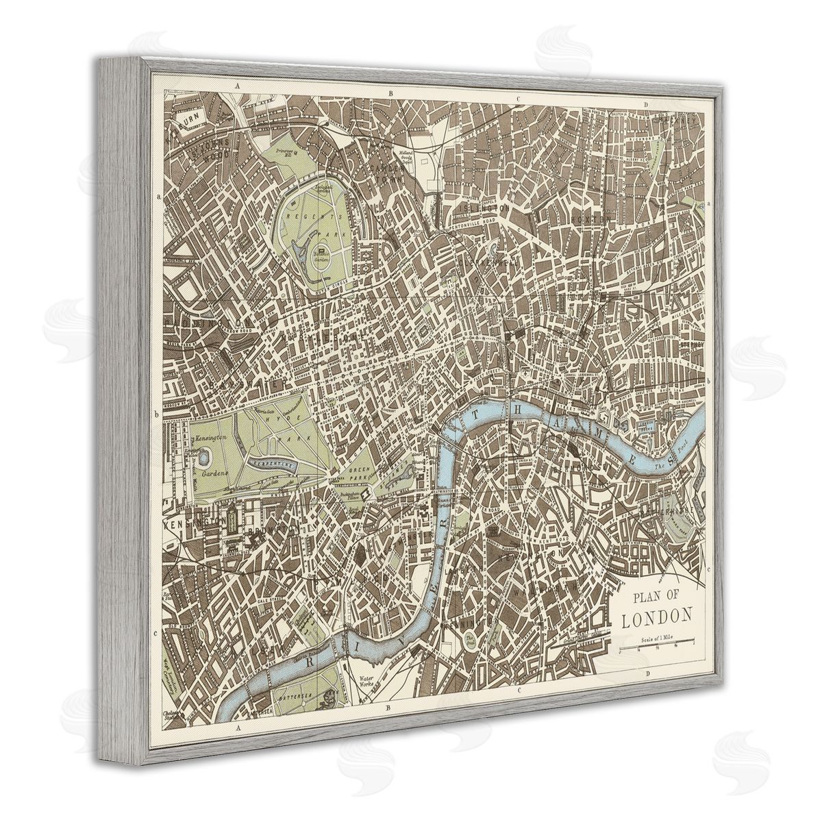Vintage Blueprint Plant of London Grey Frame Print Wall Art, Home Decor by Phillipa Katz