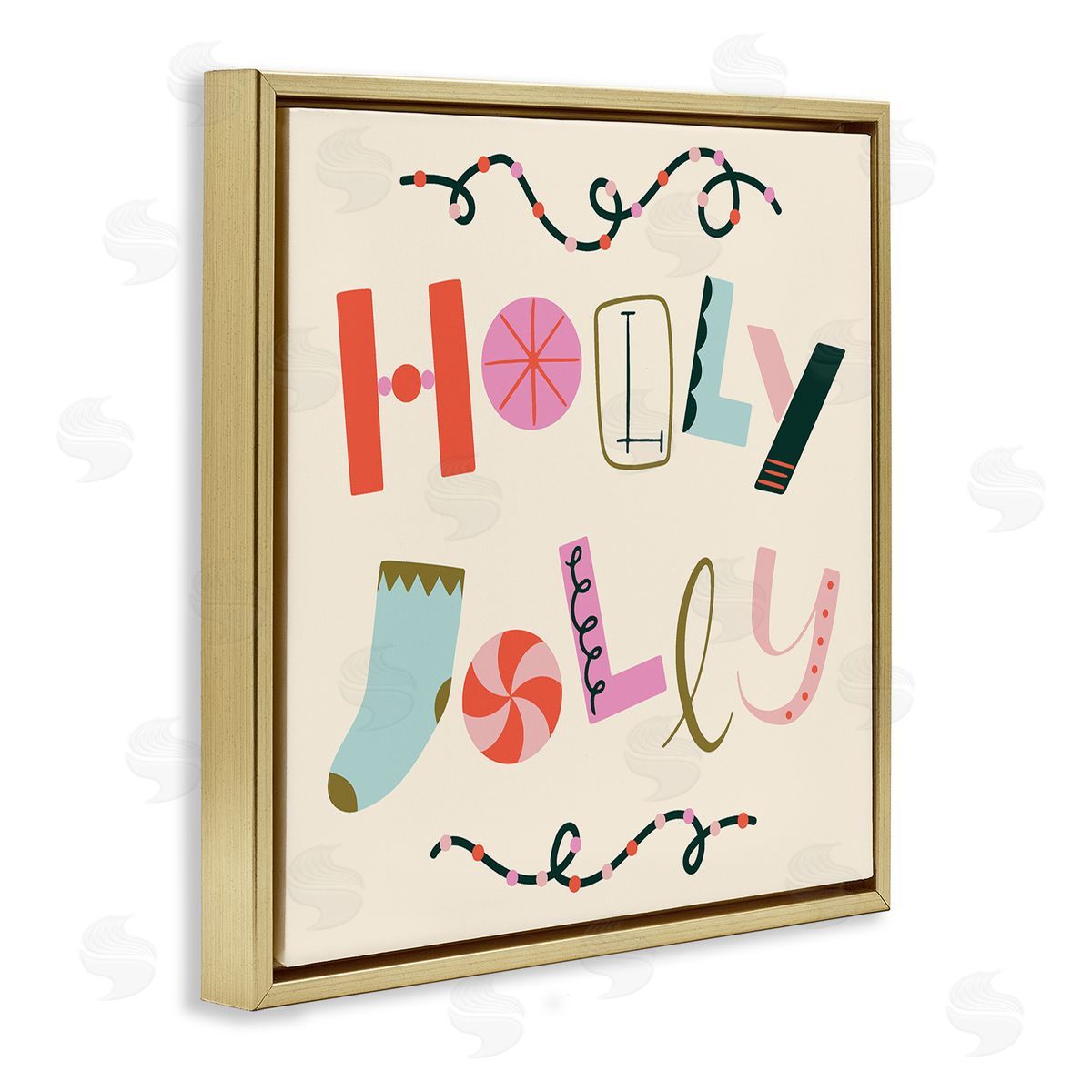 Holly Jolly Eclectic Holiday Gold Floating Frame Canvas Wall Art, Home Decor by Sazerelli Designs