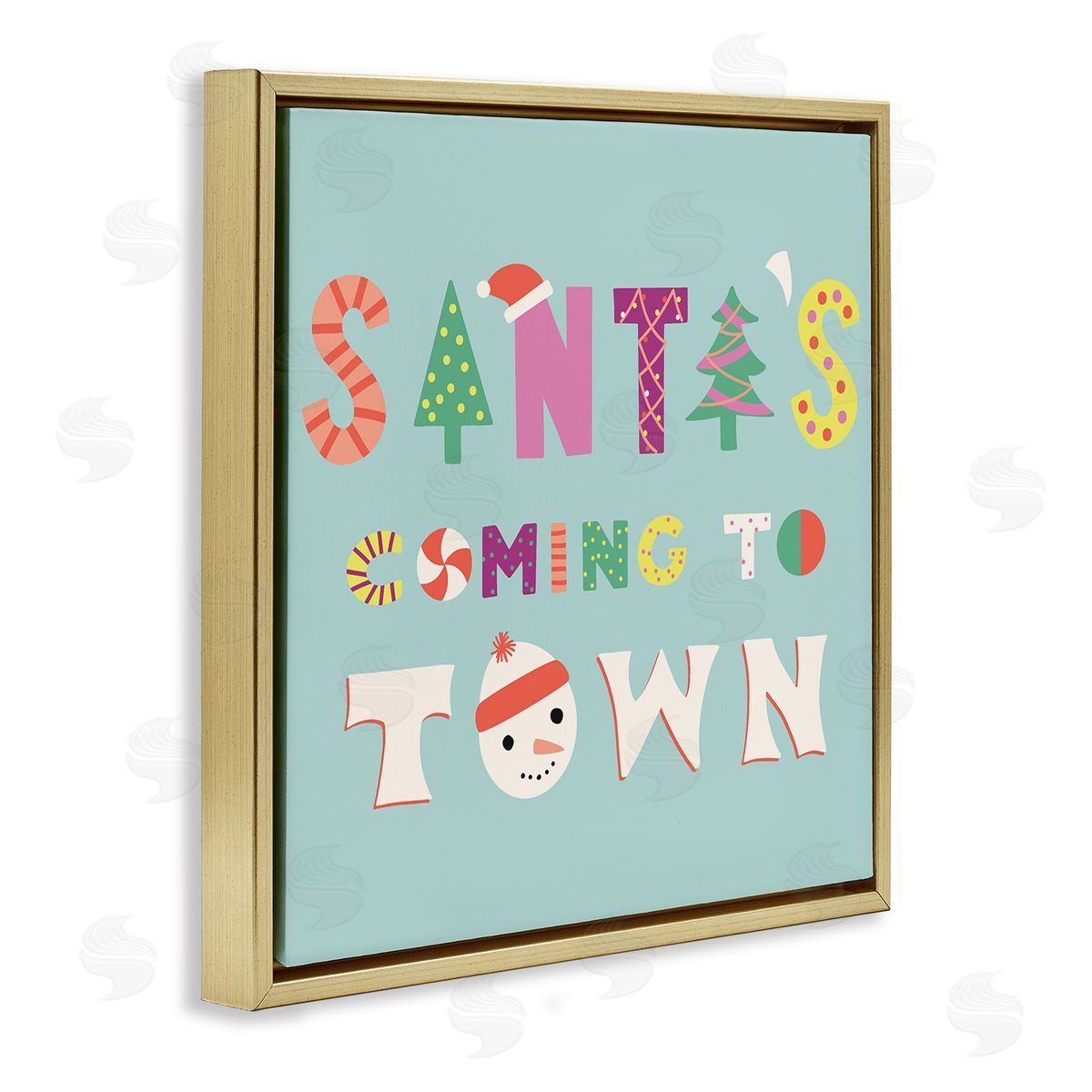 Whimsical Santa's Coming To Town Gold Floating Frame Canvas Wall Art, Home Decor by Sazerelli Designs