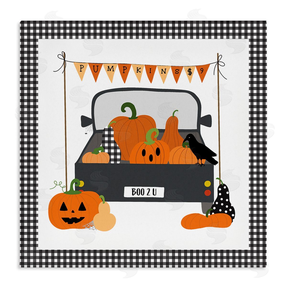 Pumpkin Truck with Gingham Border Canvas Wall Art, Home Decor by Sazerelli Designs