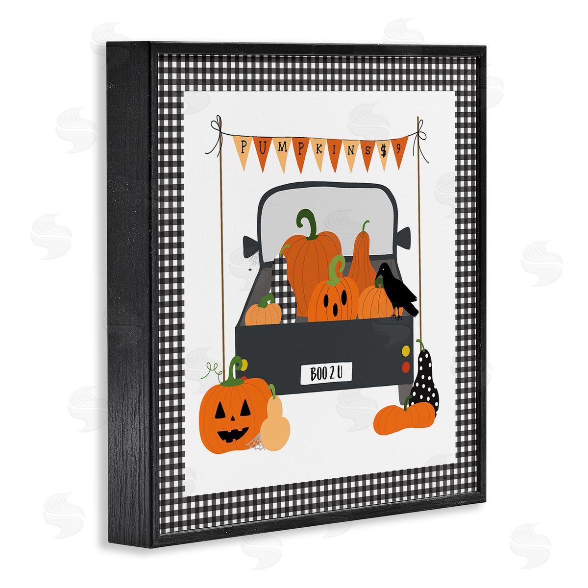 Pumpkin Truck with Gingham Border Black Frame Print Wall Art, Home Decor by Sazerelli Designs