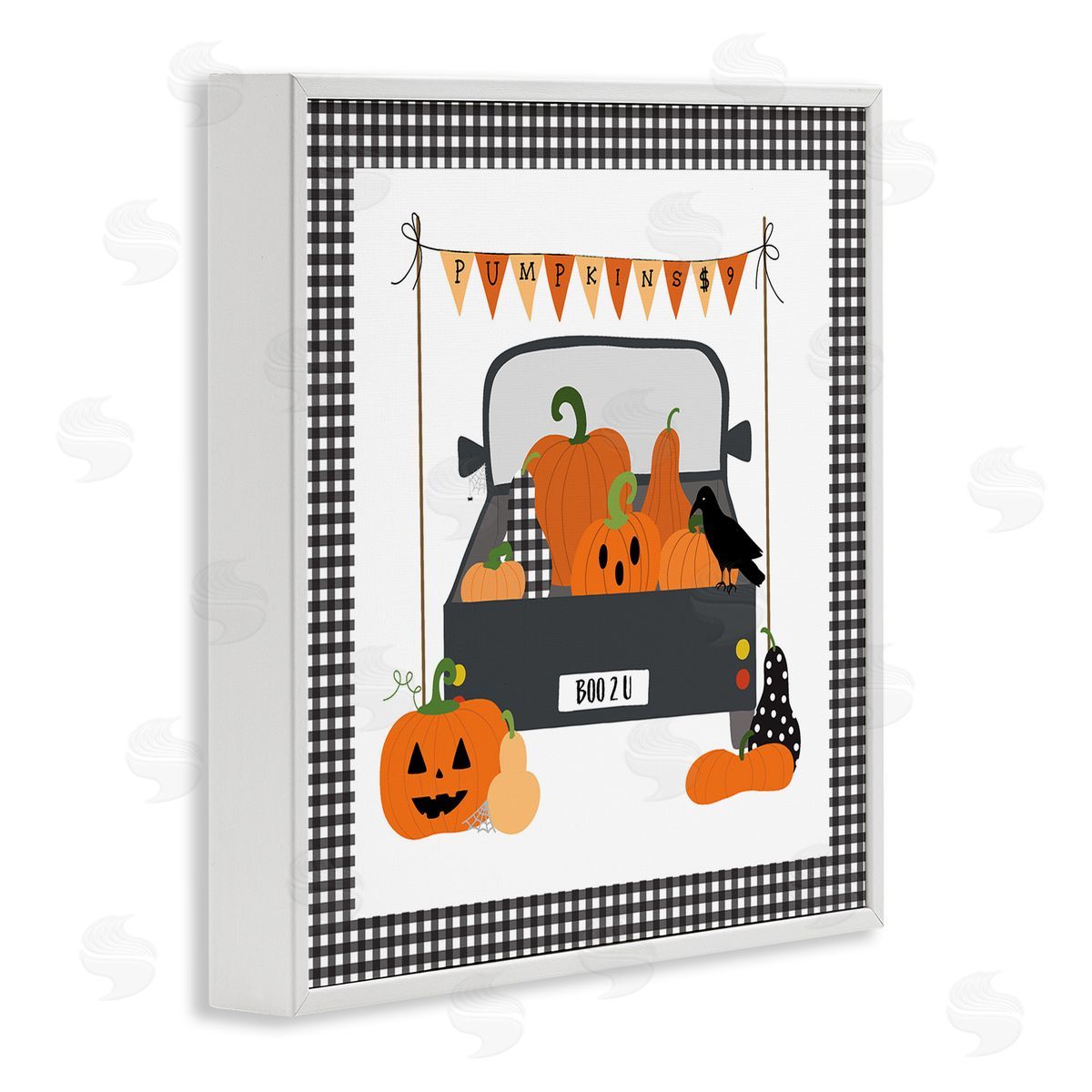 Pumpkin Truck with Gingham Border White Frame Print Wall Art, Home Decor by Sazerelli Designs
