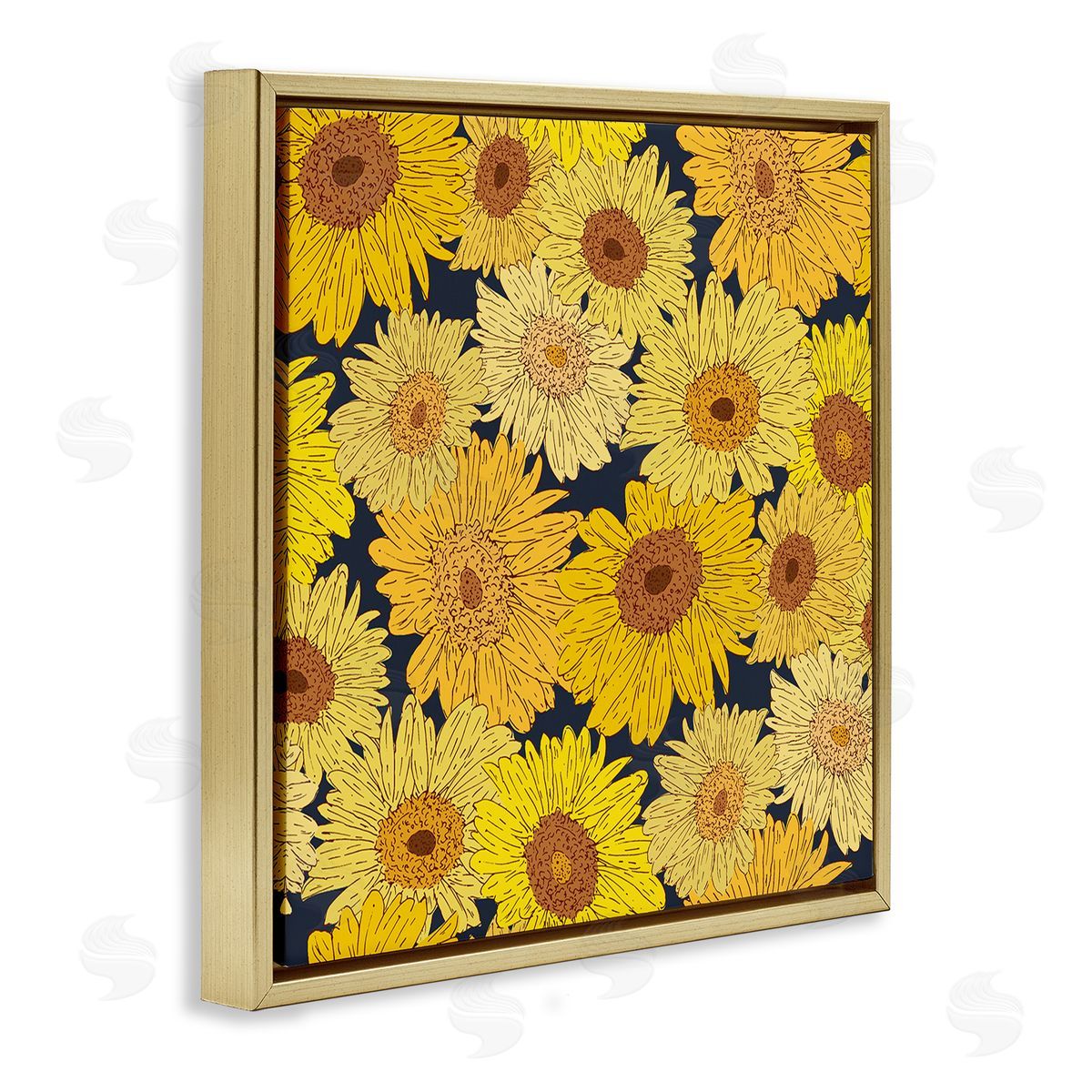 Charming Country Sunflowers Pattern Gold Floating Frame Canvas Wall Art, Home Decor by Sazerelli Designs