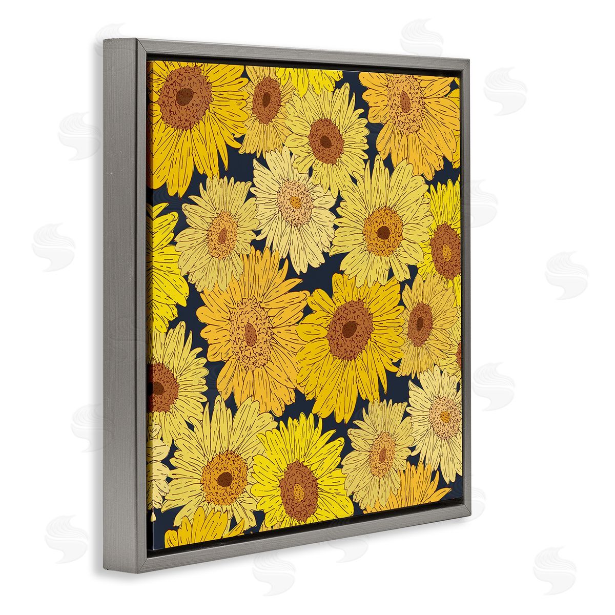 Charming Country Sunflowers Pattern Grey Floating Frame Canvas Wall Art, Home Decor by Sazerelli Designs