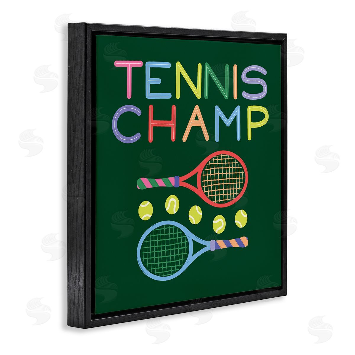 Tennis Champ Racket & Balls Black Floating Frame Canvas Wall Art, Home Decor by Sazerelli Designs