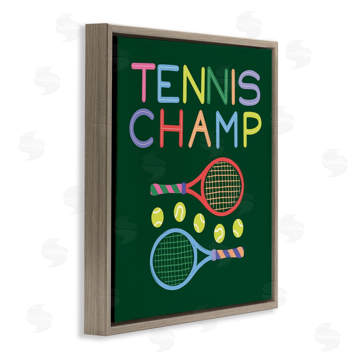 Tennis Champ Racket & Balls Brown Floating Frame Canvas Wall Art, Home Decor by Sazerelli Designs
