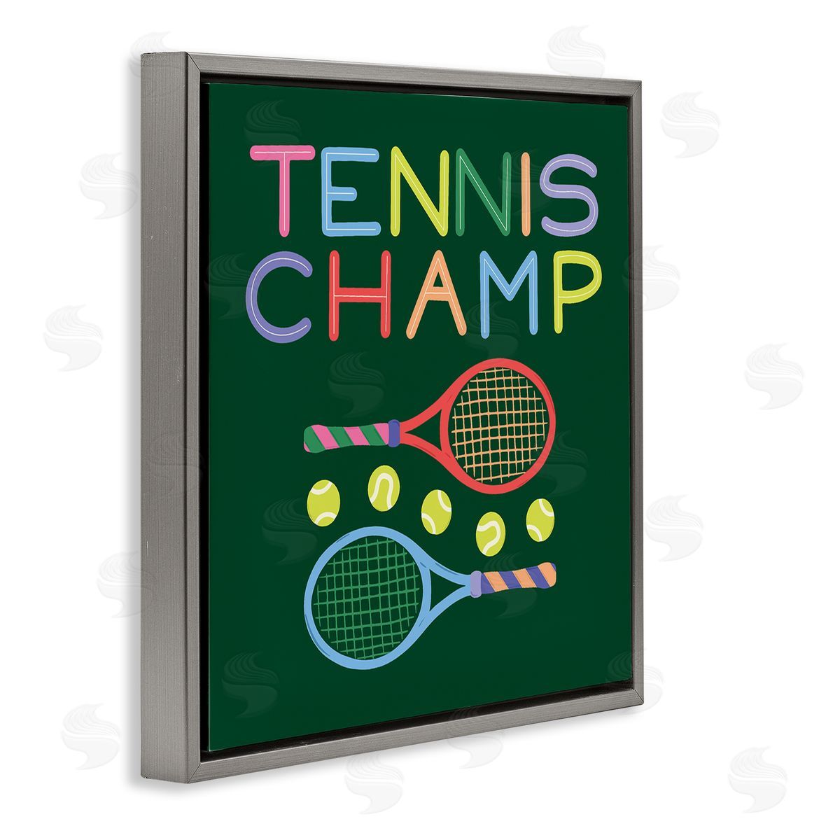 Tennis Champ Racket & Balls Grey Floating Frame Canvas Wall Art, Home Decor by Sazerelli Designs