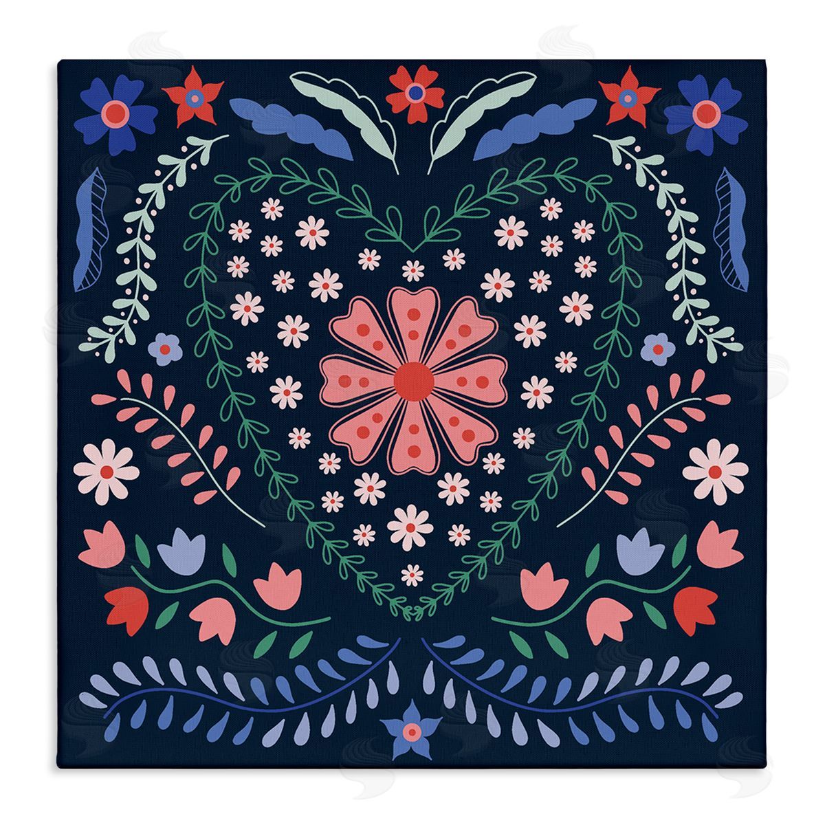 Folk Flowers in Heart Pattern Canvas Wall Art, Home Decor by Sazerelli Designs