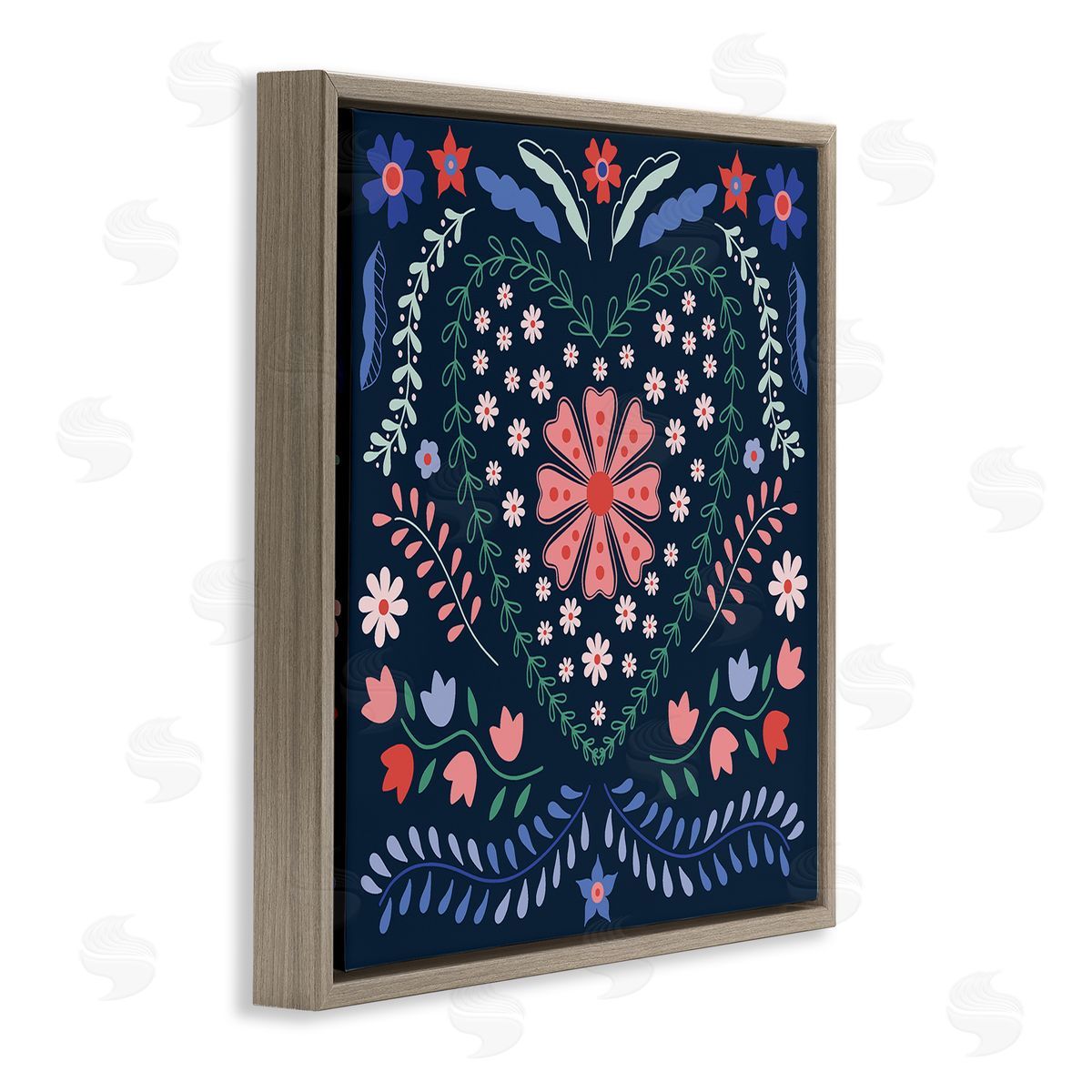 Folk Flowers in Heart Pattern Brown Floating Frame Canvas Wall Art, Home Decor by Sazerelli Designs