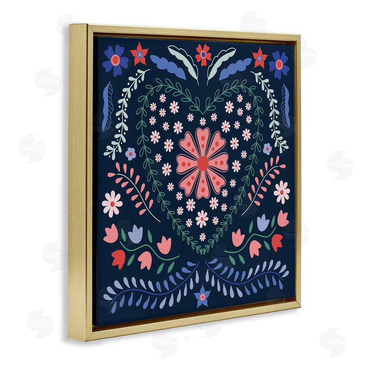 Folk Flowers in Heart Pattern Gold Floating Frame Canvas Wall Art, Home Decor by Sazerelli Designs