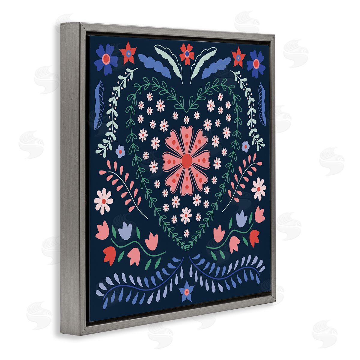 Folk Flowers in Heart Pattern Grey Floating Frame Canvas Wall Art, Home Decor by Sazerelli Designs