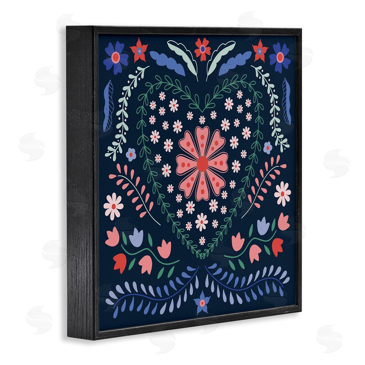 Folk Flowers in Heart Pattern Black Frame Print Wall Art, Home Decor by Sazerelli Designs