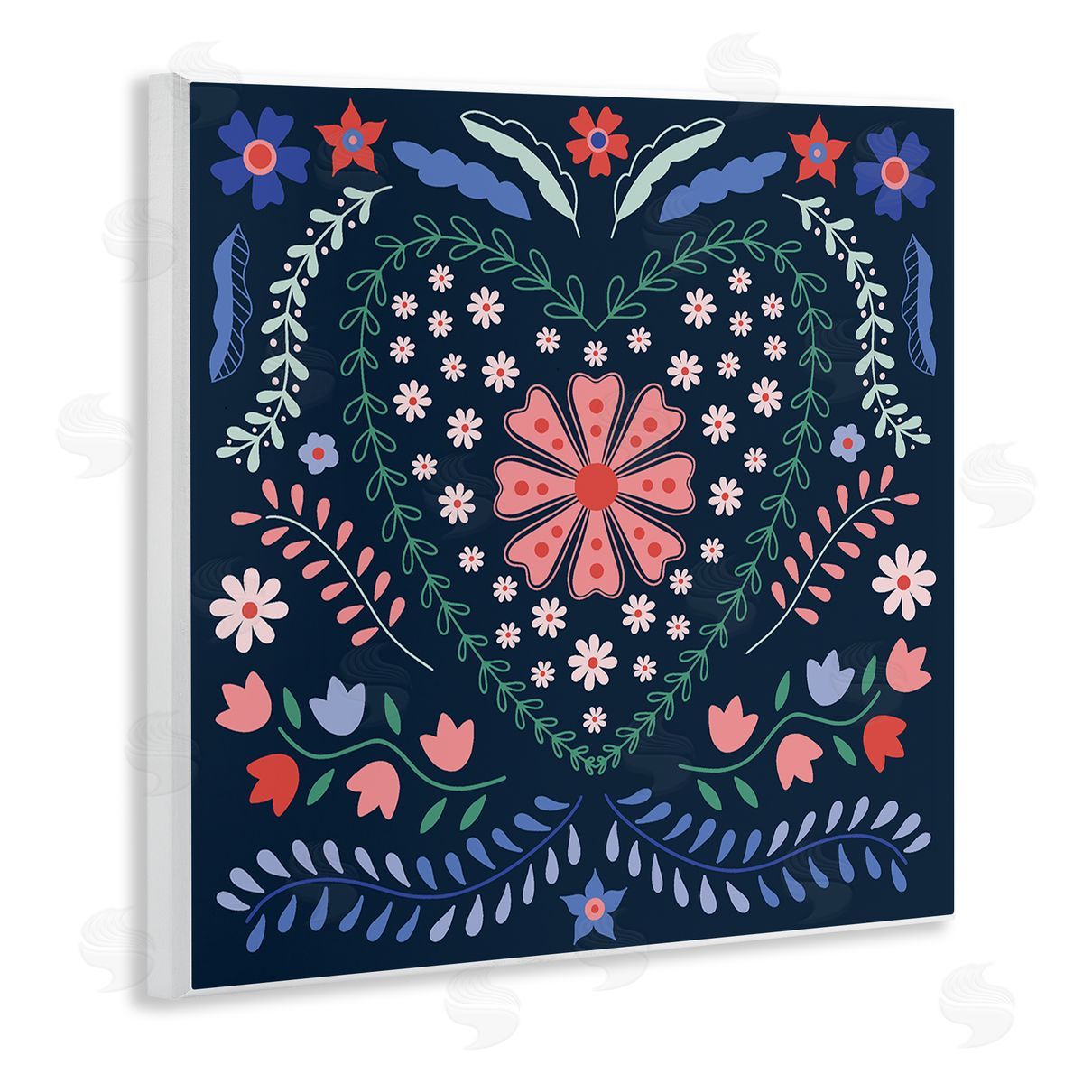 Folk Flowers in Heart Pattern Wood Plaque Wall Art, Home Decor by Sazerelli Designs