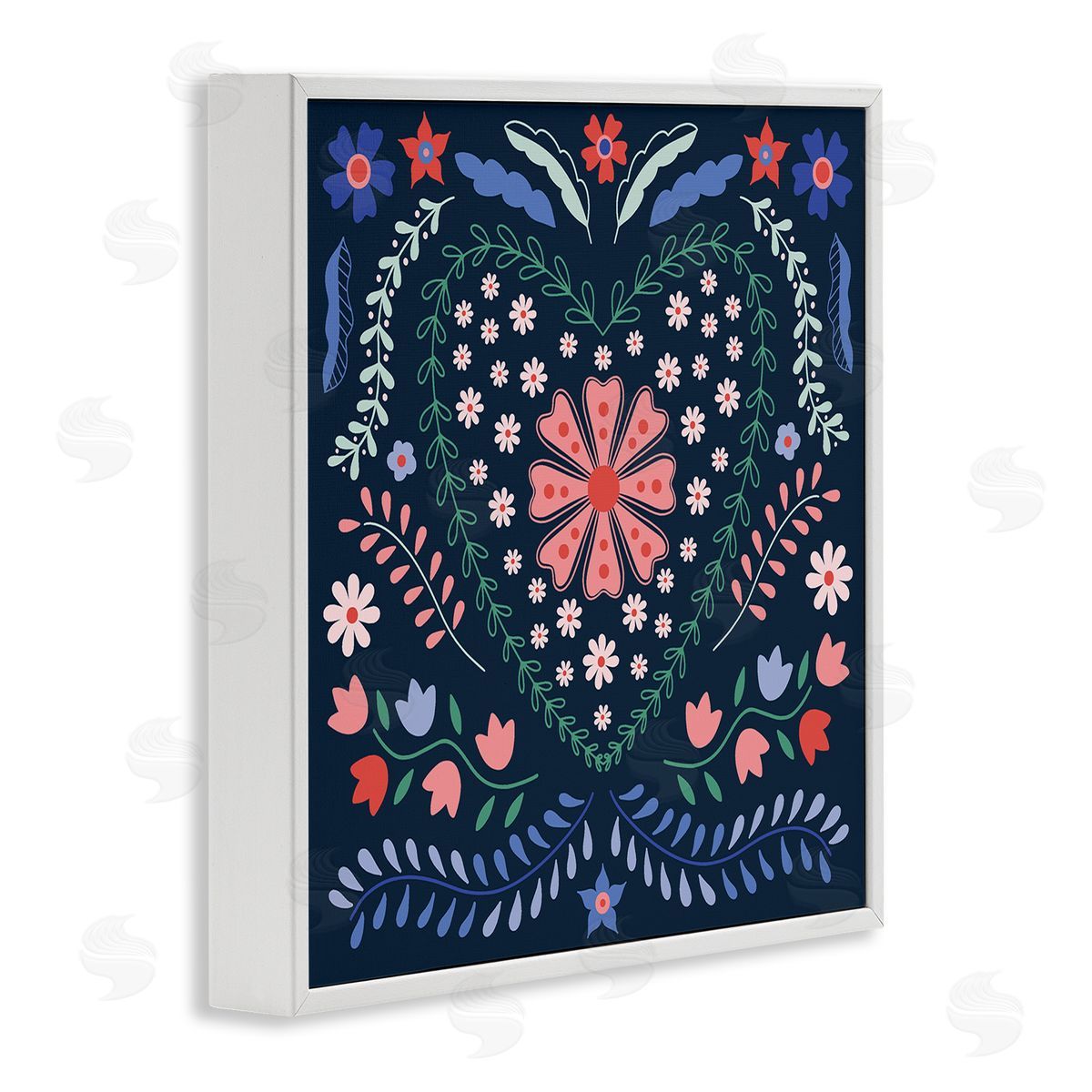 Folk Flowers in Heart Pattern White Frame Print Wall Art, Home Decor by Sazerelli Designs