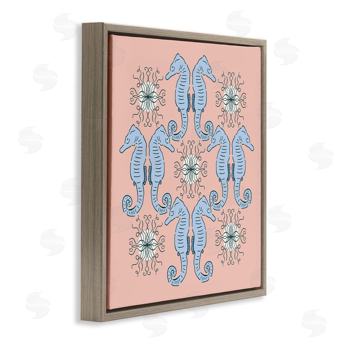 Symmetrical Coral Seahorse Pattern Brown Floating Frame Canvas Wall Art, Home Decor by Sazerelli Designs