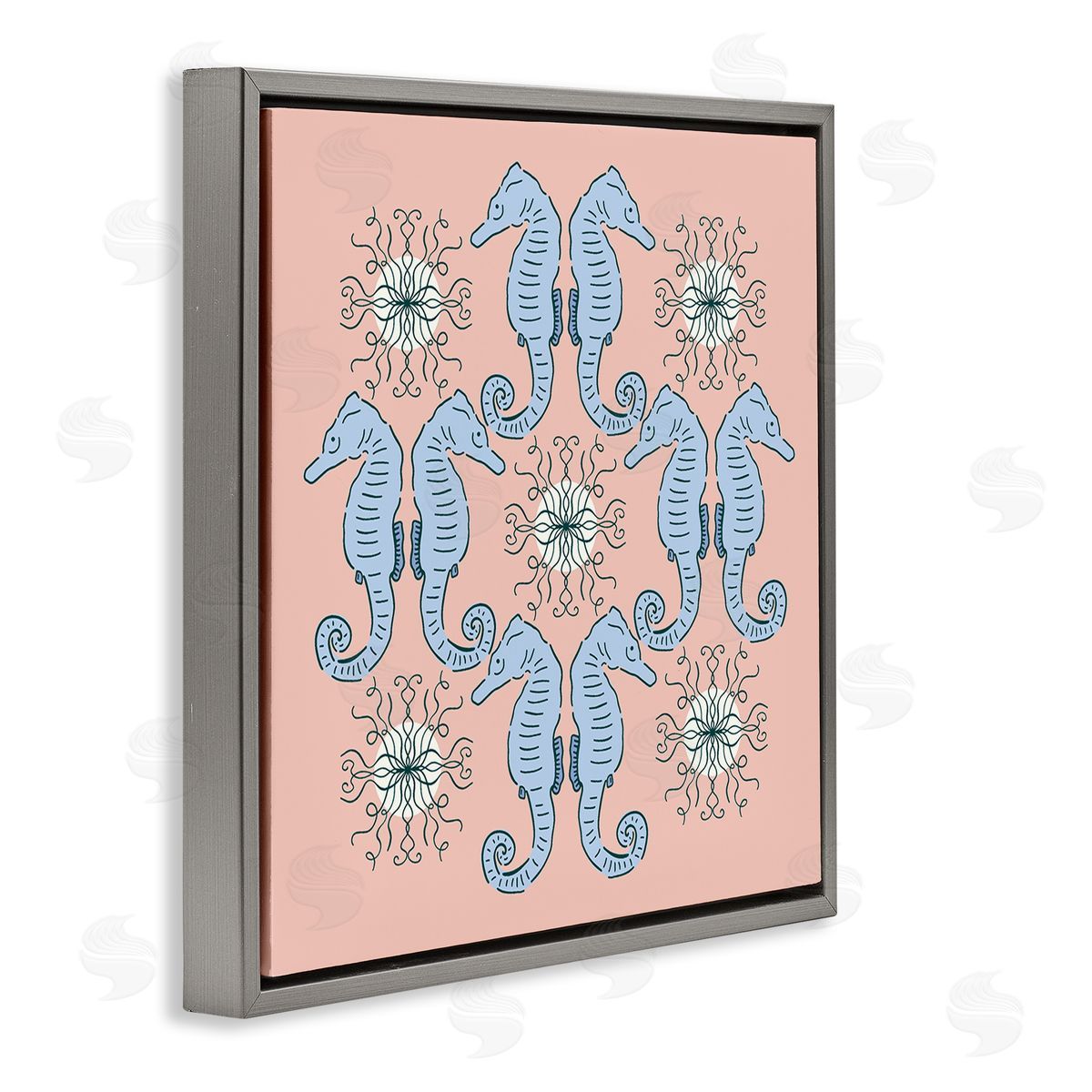 Symmetrical Coral Seahorse Pattern Grey Floating Frame Canvas Wall Art, Home Decor by Sazerelli Designs
