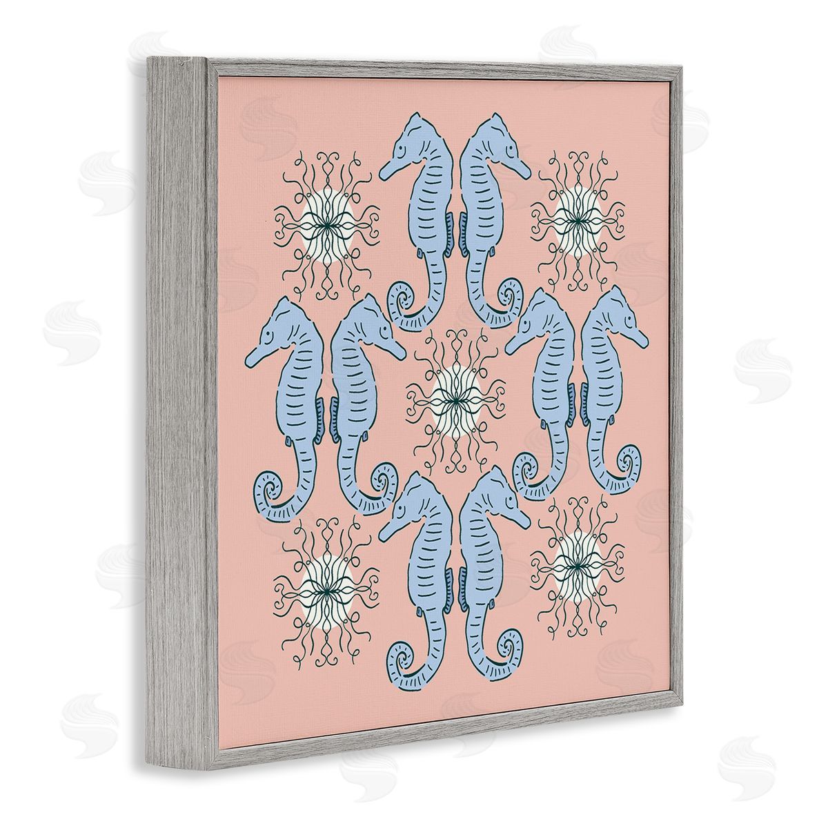 Symmetrical Coral Seahorse Pattern Grey Frame Print Wall Art, Home Decor by Sazerelli Designs