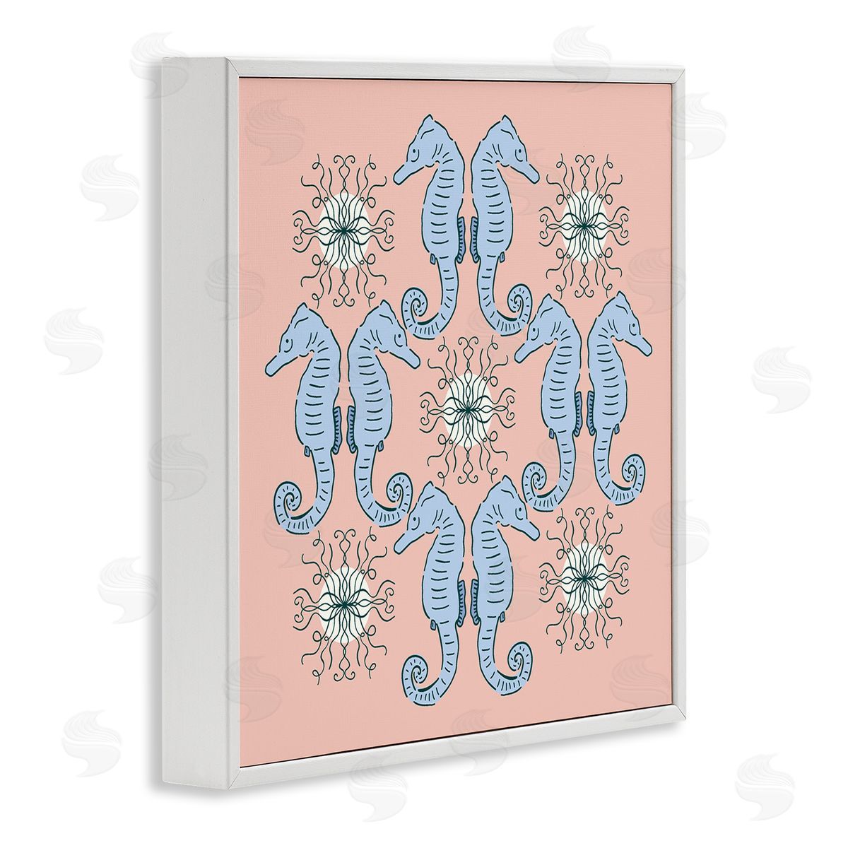 Symmetrical Coral Seahorse Pattern White Frame Print Wall Art, Home Decor by Sazerelli Designs