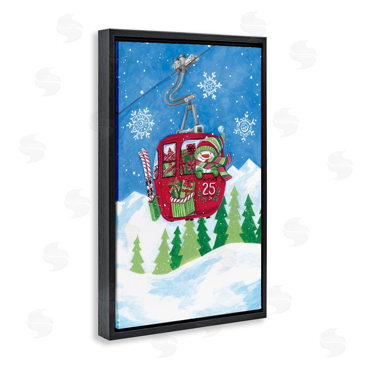 Snowman on Ski Lift Black Floating Frame Canvas Wall Art, Home Decor by Diane Kater